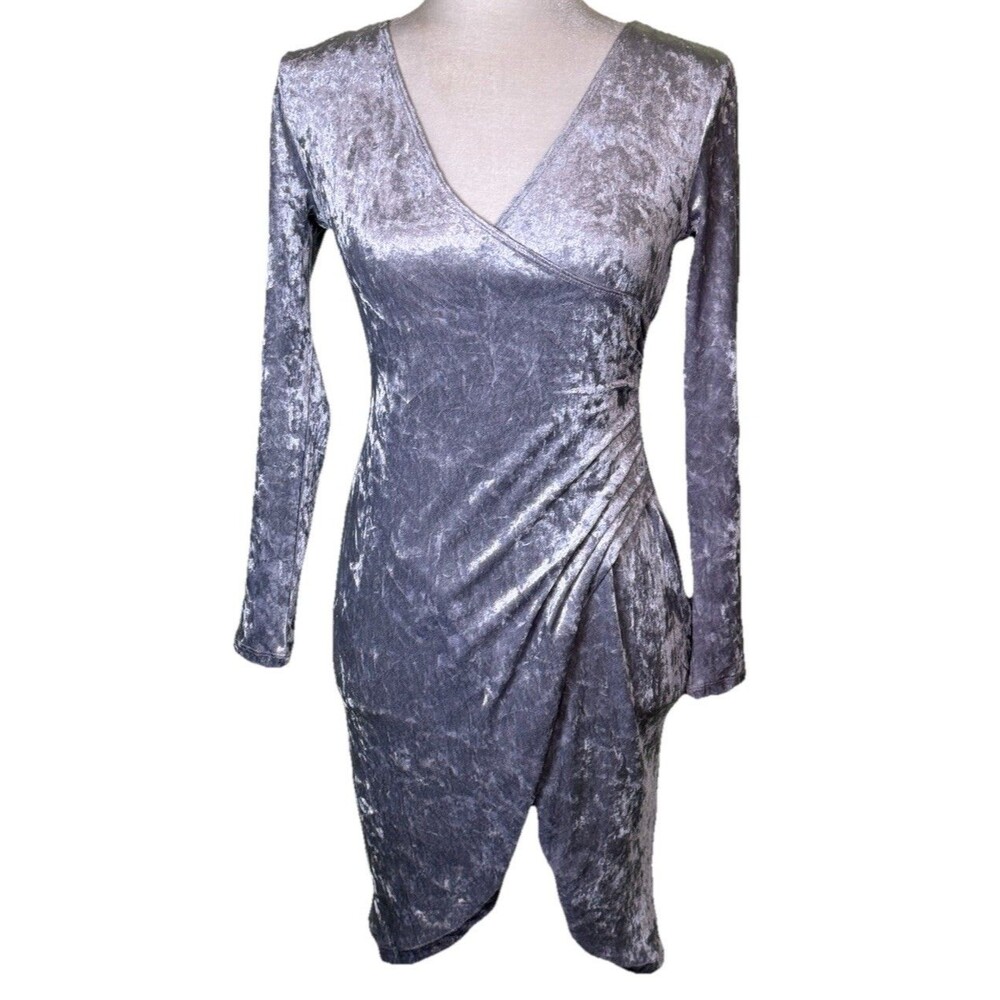 Women Silver Gray Crushed Velvet Bodycon Dress Wrap V Neck Ruched Long Sleeve Sm